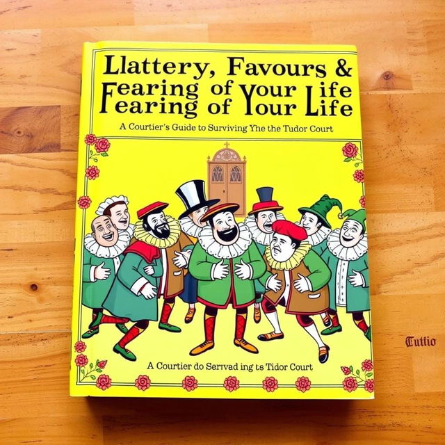 A comedic Tudor-inspired book cover featuring bright, humorous colors like vibrant yellow and light green