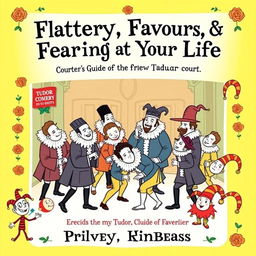 A comedic Tudor-inspired book cover featuring bright, humorous colors like vibrant yellow and light green