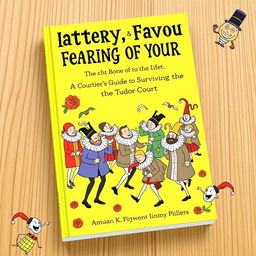 A comedic Tudor-inspired book cover featuring bright, humorous colors like vibrant yellow and light green