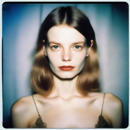 A highly detailed, realistic Polaroid image in high definition where a fashion model with pale skin and brown hair poses from head to waist in a low-light setting, illuminated by a camera flash