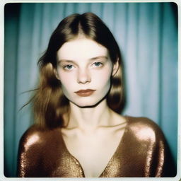 A highly detailed, realistic Polaroid image in high definition where a fashion model with pale skin and brown hair poses from head to waist in a low-light setting, illuminated by a camera flash