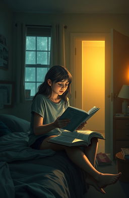 A deeply emotional scene depicting a first-year college student sitting on her bed in a dimly lit dorm room, tears glistening in her eyes as she looks at her textbooks, overwhelmed by academic pressures
