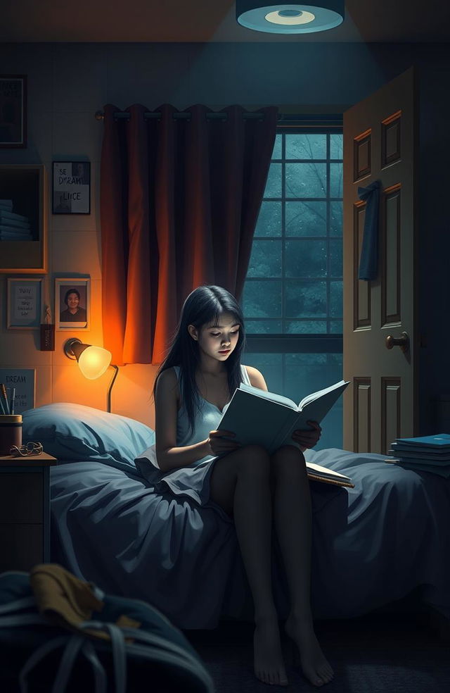 A deeply emotional scene depicting a first-year college student sitting on her bed in a dimly lit dorm room, tears glistening in her eyes as she looks at her textbooks, overwhelmed by academic pressures