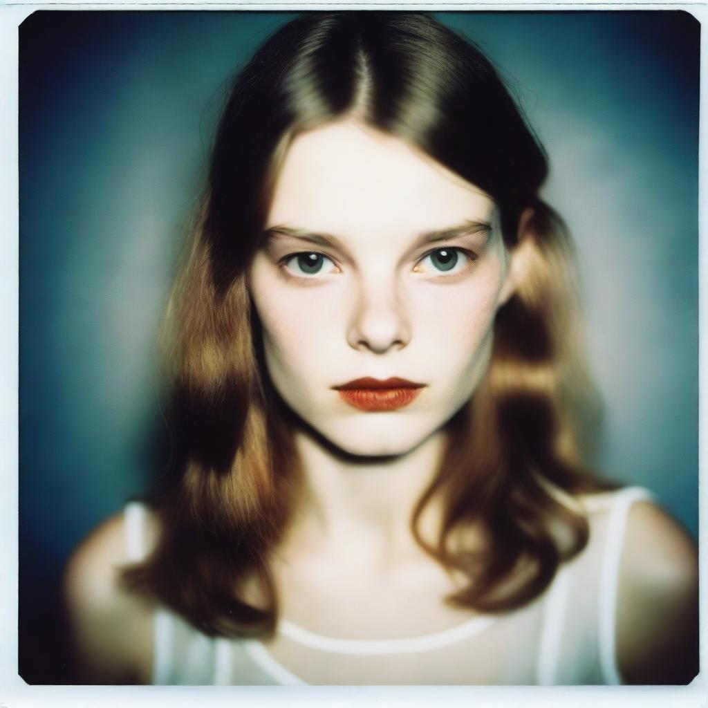 A highly detailed, realistic Polaroid image in high definition where a fashion model with pale skin and brown hair poses from head to waist in a low-light setting, illuminated by a camera flash