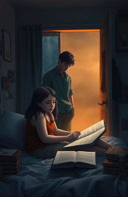A deeply emotional scene depicting a first-year college student sitting on her bed in a dimly lit dorm room, tears glistening in her eyes as she looks at her textbooks, overwhelmed by academic pressures