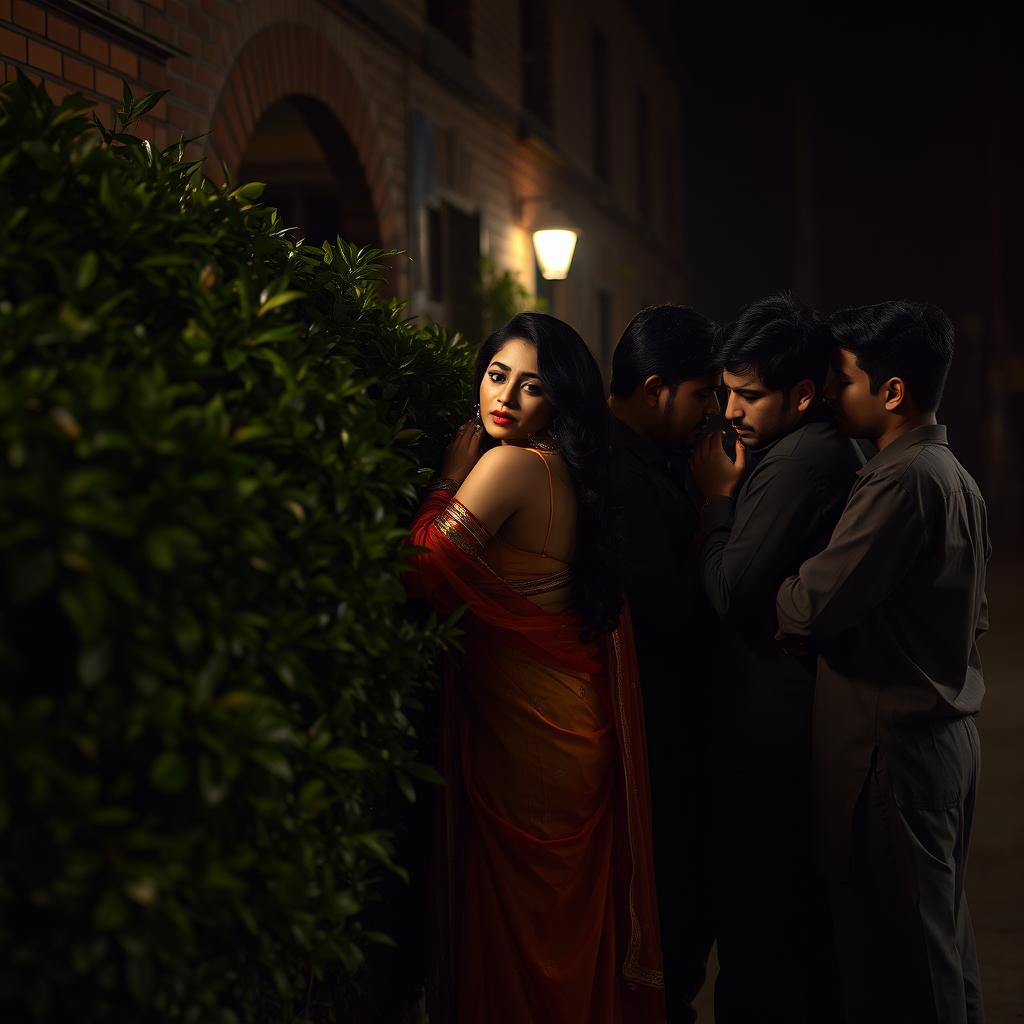 A sultry scene of an alluring woman resembling a sultry version of Connie Carter, dressed in traditional Indian attire that accentuates her silhouette, passionately embracing several men in a dimly lit street setting