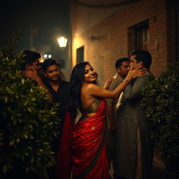 A sultry scene of an alluring woman resembling a sultry version of Connie Carter, dressed in traditional Indian attire that accentuates her silhouette, passionately embracing several men in a dimly lit street setting