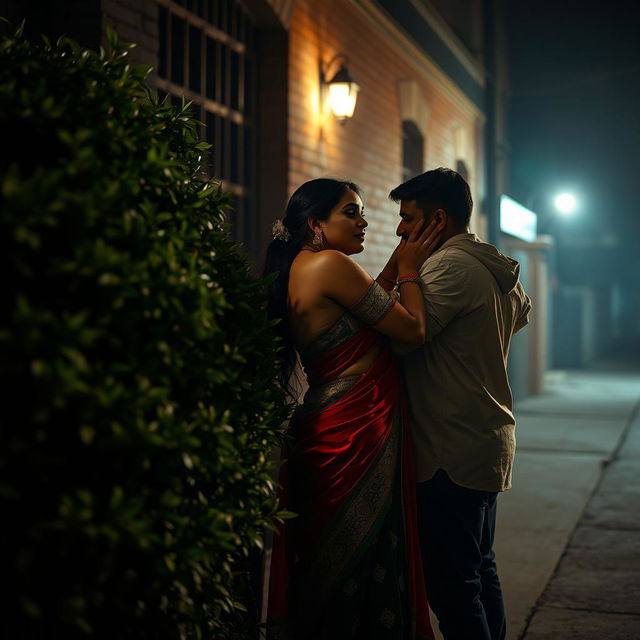 A sultry scene of an alluring woman resembling a sultry version of Connie Carter, dressed in traditional Indian attire that accentuates her silhouette, passionately embracing several men in a dimly lit street setting