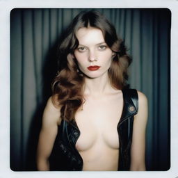 Super-realistic Polaroid fashion photograph of a model with pale skin and brown hair from head to waist