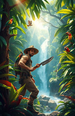 A vibrant and thrilling scene depicting a courageous adventurer exploring a lush, exotic jungle