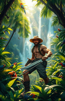 A vibrant and thrilling scene depicting a courageous adventurer exploring a lush, exotic jungle