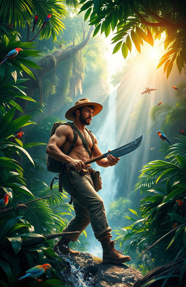 A vibrant and thrilling scene depicting a courageous adventurer exploring a lush, exotic jungle