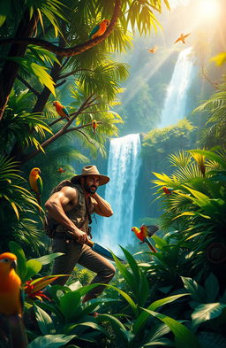 A vibrant and thrilling scene depicting a courageous adventurer exploring a lush, exotic jungle