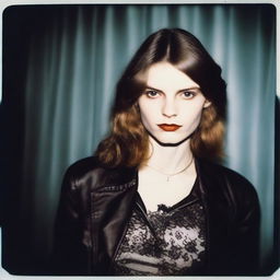 Super-realistic Polaroid fashion photograph of a model with pale skin and brown hair from head to waist