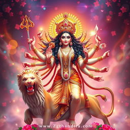 A divine representation of Goddess Durga in a powerful and ethereal pose, showcasing her traditional attributes such as the lion, the weapons she wields, and her iconic multi-armed figure