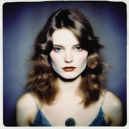 Super-realistic Polaroid fashion photograph of a model with pale skin and brown hair from head to waist