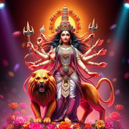 A divine representation of Goddess Durga in a powerful and ethereal pose, showcasing her traditional attributes such as the lion, the weapons she wields, and her iconic multi-armed figure