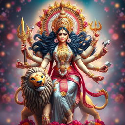 A divine representation of Goddess Durga in a powerful and ethereal pose, showcasing her traditional attributes such as the lion, the weapons she wields, and her iconic multi-armed figure