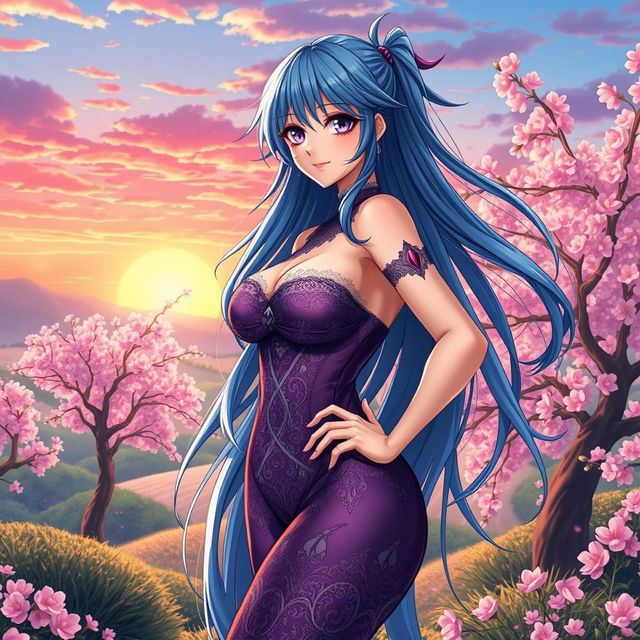 A captivating sexy anime character featuring a tall, voluptuous woman with long, flowing blue hair and striking violet eyes