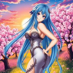 A captivating sexy anime character featuring a tall, voluptuous woman with long, flowing blue hair and striking violet eyes