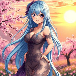 A captivating sexy anime character featuring a tall, voluptuous woman with long, flowing blue hair and striking violet eyes