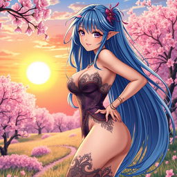 A captivating sexy anime character featuring a tall, voluptuous woman with long, flowing blue hair and striking violet eyes