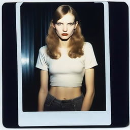 An ultra-realistic Polaroid photo of a slender fashion model with pale skin and brown hair, styled in a rock n roll outfit, posing in a dark setting illuminated by flash photography