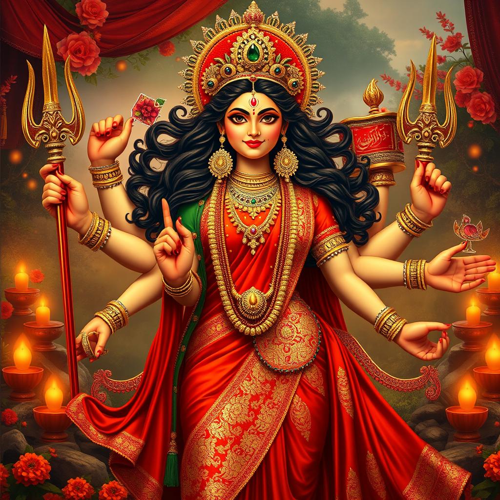 A majestic representation of Goddess Durga, depicted with striking features and an aura of divine power