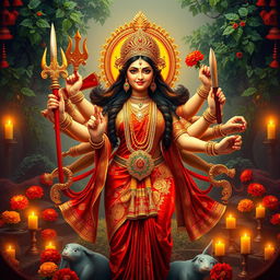 A majestic representation of Goddess Durga, depicted with striking features and an aura of divine power