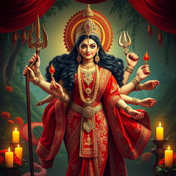 A majestic representation of Goddess Durga, depicted with striking features and an aura of divine power
