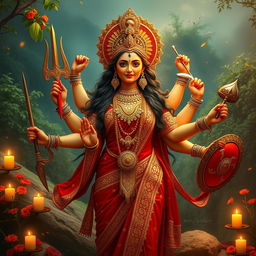 A majestic representation of Goddess Durga, depicted with striking features and an aura of divine power