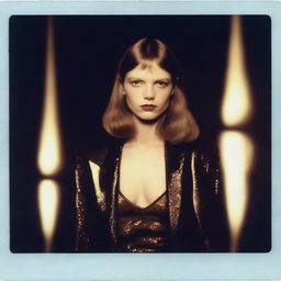 An ultra-realistic Polaroid photo of a slender fashion model with pale skin and brown hair, styled in a rock n roll outfit, posing in a dark setting illuminated by flash photography