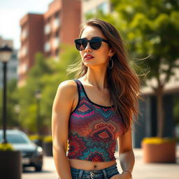 A stylish portrait of a confident woman wearing a vibrant tank top, standing in an urban setting
