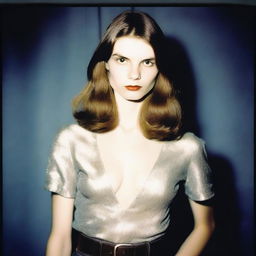 Super-realistic photo-realistic Polaroid of a model with pale skin and brown hair in a rock and roll wardrobe, posing in the dark lit by flashing camera