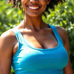 A close-up of a woman wearing a stylish tank top that fits snugly, accentuating her curves