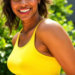 A close-up of a woman wearing a stylish tank top that fits snugly, accentuating her curves