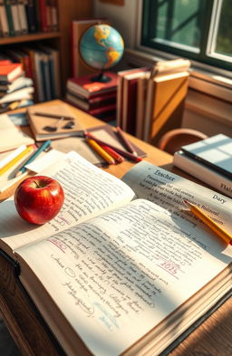 An artistic representation of an open teacher's diary, its pages filled with handwritten notes and colorful illustrations