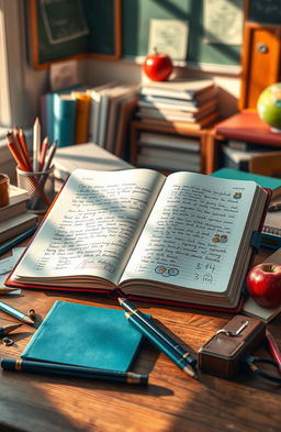 An artistic representation of an open teacher's diary, its pages filled with handwritten notes and colorful illustrations