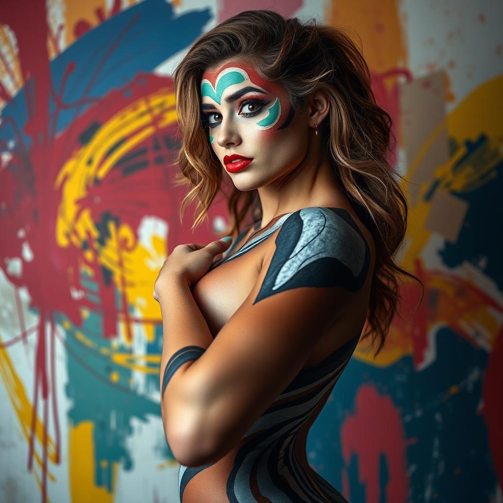 A confident and bold female figure posed against an abstract background with dynamic colors