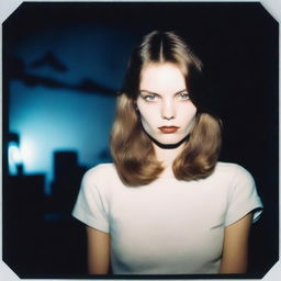 Super-realistic photo-realistic Polaroid of a model with pale skin and brown hair in a rock and roll wardrobe, posing in the dark lit by flashing camera