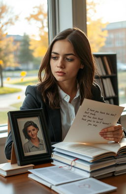 A young woman in her early twenties, dressed in smart casual attire, sitting at a desk covered with books and notes, her expression reflecting a mix of determination and fatigue