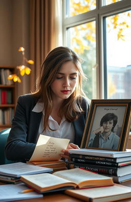 A young woman in her early twenties, dressed in smart casual attire, sitting at a desk covered with books and notes, her expression reflecting a mix of determination and fatigue