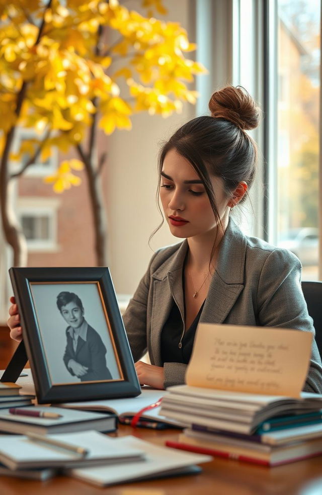 A young woman in her early twenties, dressed in smart casual attire, sitting at a desk covered with books and notes, her expression reflecting a mix of determination and fatigue