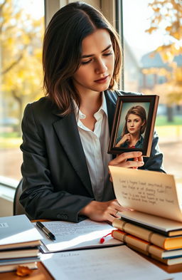 A young woman in her early twenties, dressed in smart casual attire, sitting at a desk covered with books and notes, her expression reflecting a mix of determination and fatigue