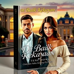An alluring book cover for the novel titled 'Di Balik Kekayaan: Cinta dan Nafsu Seorang Pria Kaya'