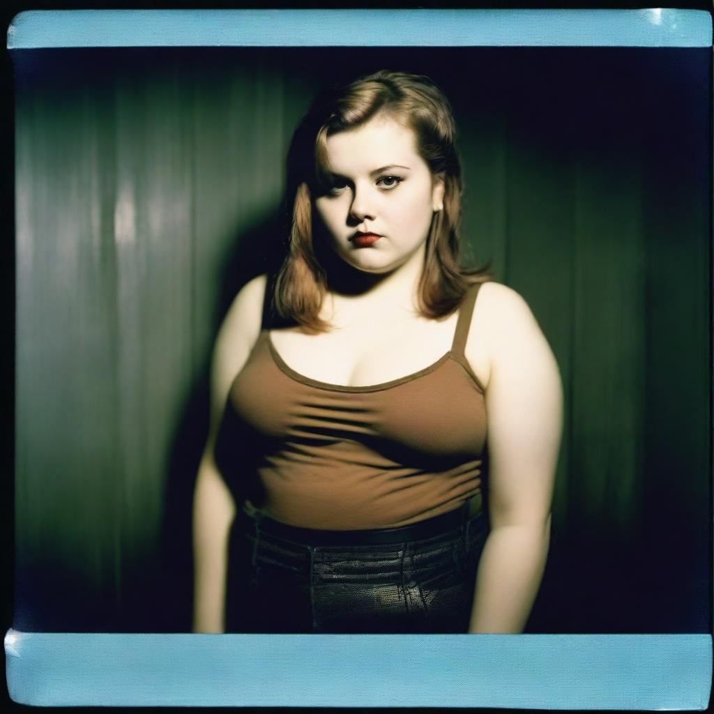 Ultra-realistic Polaroid fashion photography, depicting a slightly chubby model with pale skin and brown hair