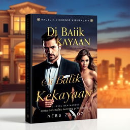 An alluring book cover for the novel titled 'Di Balik Kekayaan: Cinta dan Nafsu Seorang Pria Kaya'