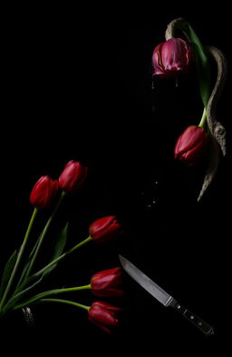 A dark and eerie composition set against a pitch black background