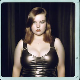 Ultra-realistic Polaroid fashion photography, depicting a slightly chubby model with pale skin and brown hair