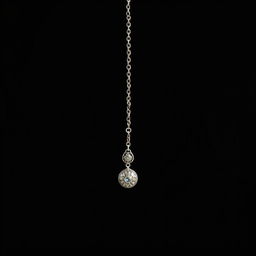 An artistic close-up of a silver anklet gracefully dangling in front of a solid black background